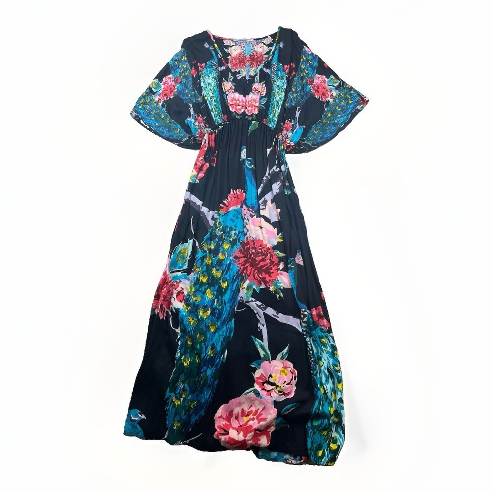 World Market Maxi Dress L/XL Peacock Floral V-Neck Cinched Waist Boho Vacation